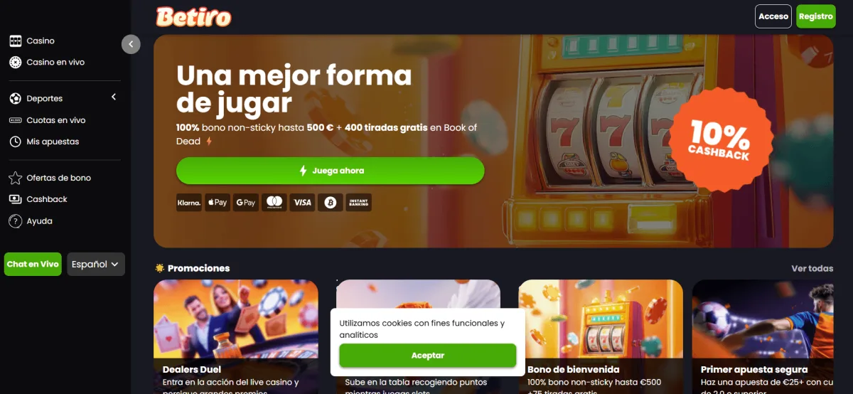 Betiro homepage bono bienvenida casino online
