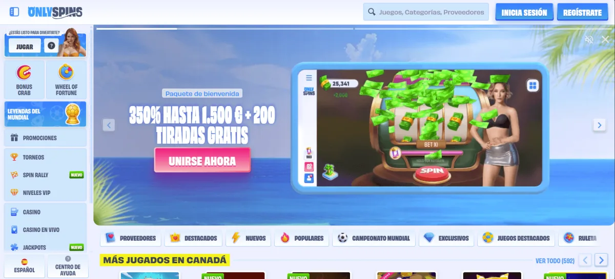 OnlySpins homepage casino bono sin deposito